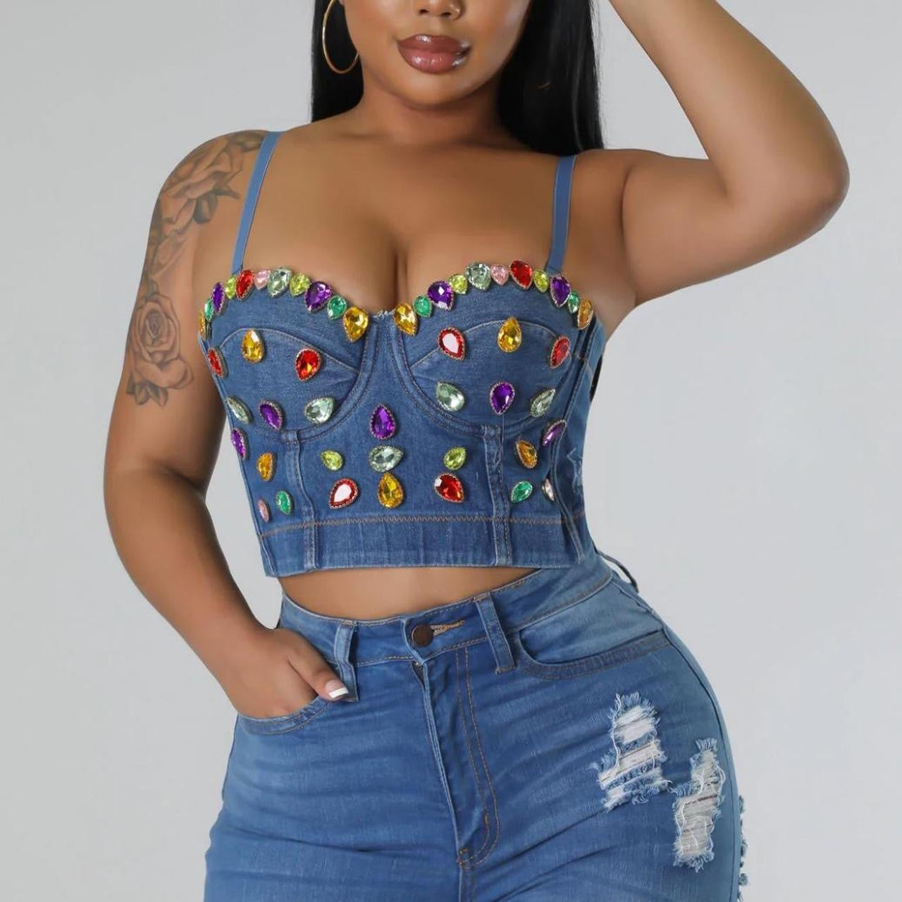 Retro Bedazzled Denim Bustier/Cami